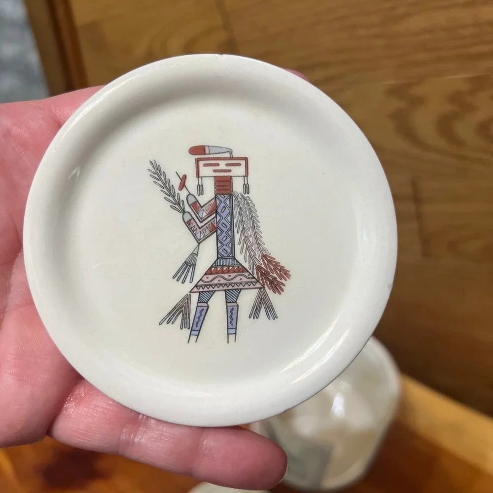 Vtg‎ Signed Handcrafted Southwestern Pottery Coaster Set 8 Pieces Matching Crock